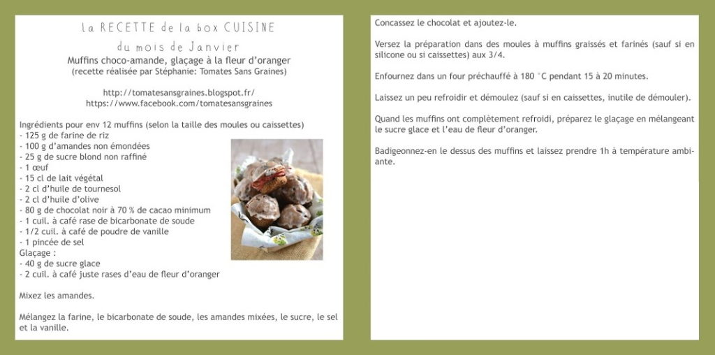 Recette Muffins choco-amande dans fascicule de la Box Cuisine Nature Curieuse (janvier 2016)