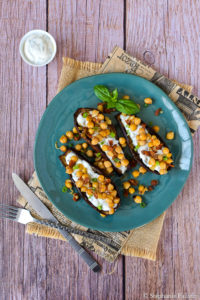 Aubergines rôties et pois chiches au cumin